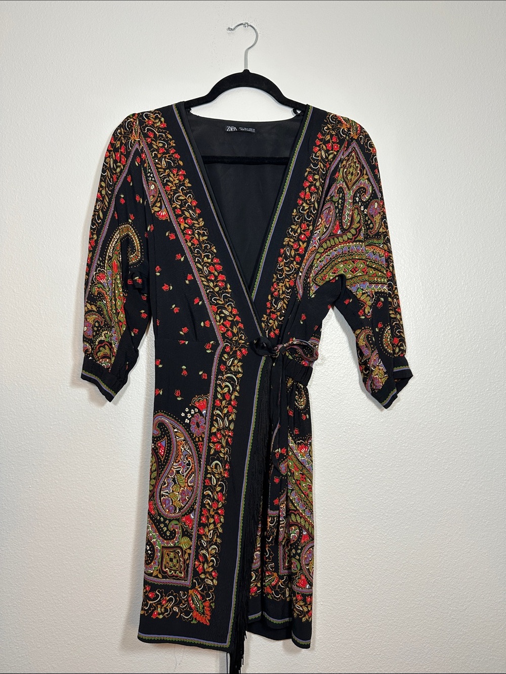 Zara Black Paisley Wrap Dress with Red and Pink Motifs